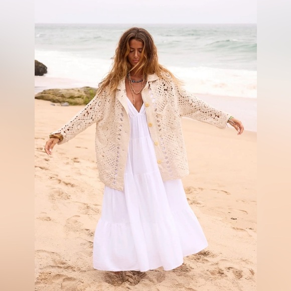 A Z Sweaters - Boho Crochet Button Front Cardigan Cream Open Knit Beachy Oversized Sweater